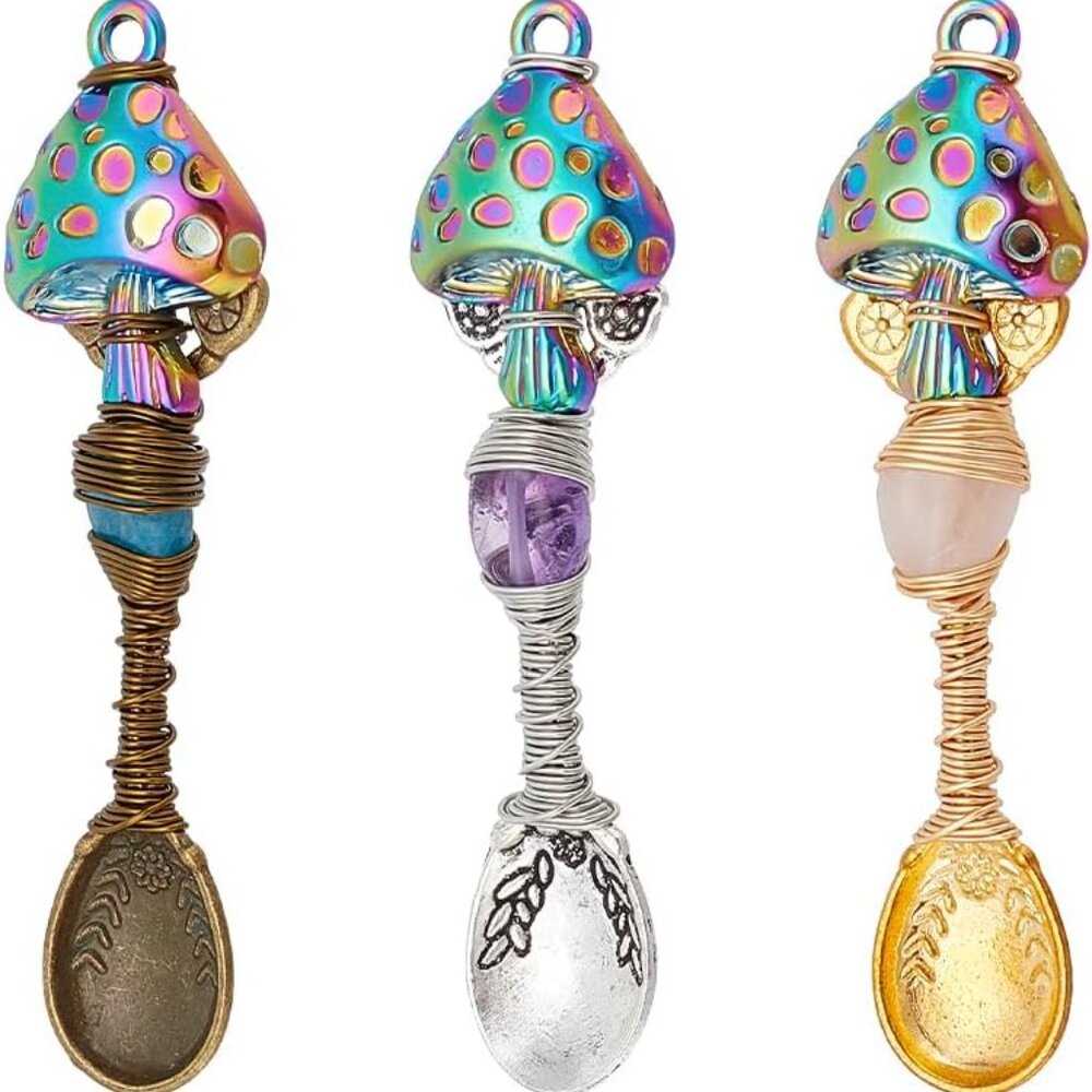 3 Pcs 3 Colors Natural Genstone Pendants, 2.6 Inch Long Mushroom Spoon Alloy Cha - Picture 1 of 6